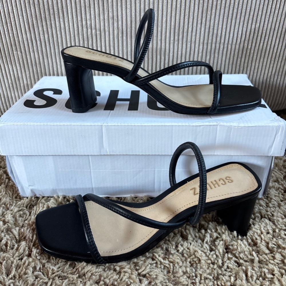 Schutz Nappa Leather Mid Heel Sandals - Chessie Mid - Black Size 5.5